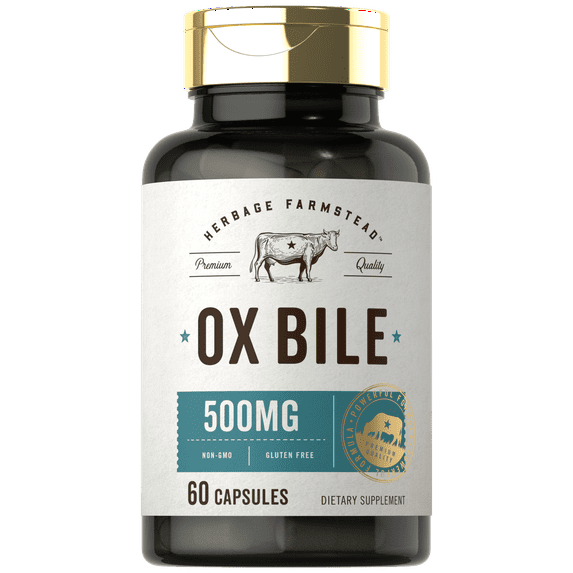 Ox Bile Supplement 500mg | 60 Capsules | Non-GMO & Gluten Free | by Herbage Farmstead