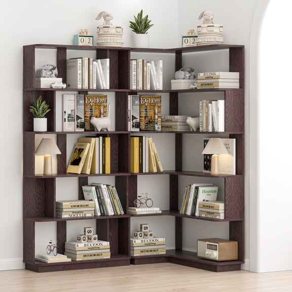 Ox Blood Red 35.43" Left Widened L-Shaped Bookshelf, Modular Free Combination 2-Piece Bookcase Set, Multi-Tier Decor Display Rack for Small Space