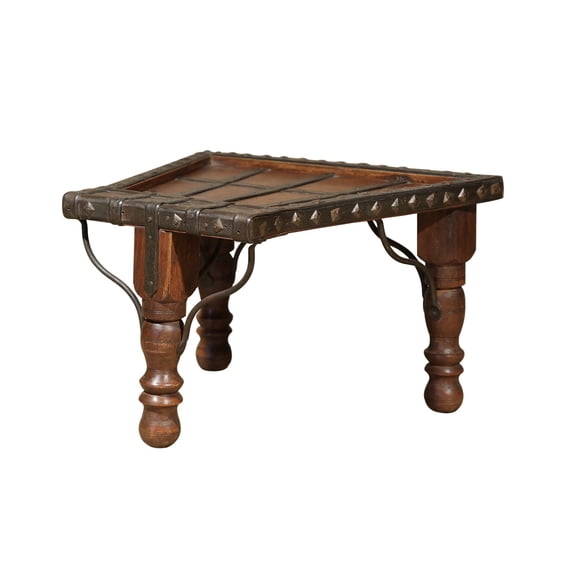 Ox Cart Style Display Riser With Iron Accents | 12" High Unique Low Table | Unusual Solid Wood Decorative Pedestal | Rustic Ranch Decor