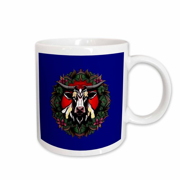 3drose, Ox Surrounded by a Wreath of Red Clover Tattoo Style Art, 11oz Mug