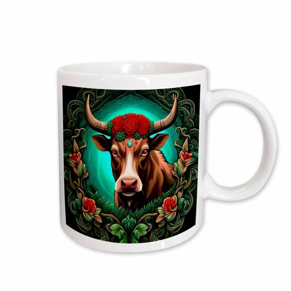 3drose, Ox Surrounded by a Wreath of Red Clover Tattoo Style Art, 11oz Mug