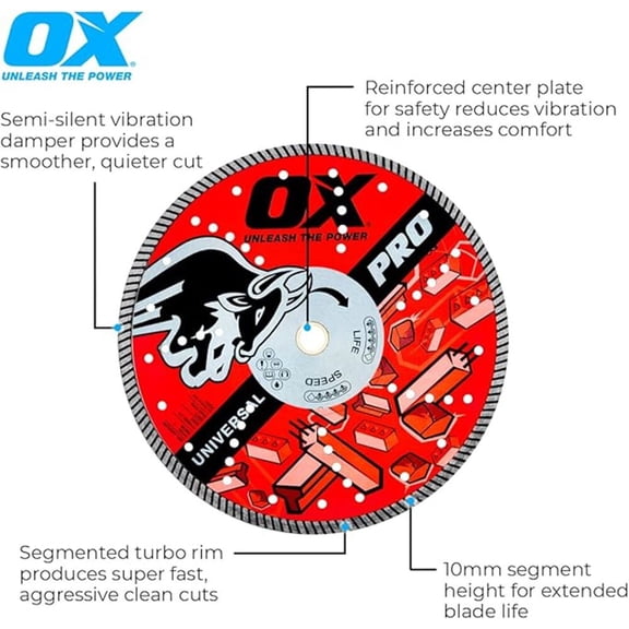 Ox Tools Pro Universal 12 Inch Turbo Rim Diamond Blade For Fast Cuts In Concrete, Metal, And Stone