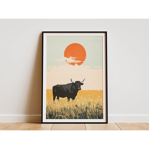 Ox in Rice Field Sunrise Poster Japanese Art Print Farmhouse Decor Asian Landscape Art Black Bull Wall Art Rice Paddy Poster Home Decor
