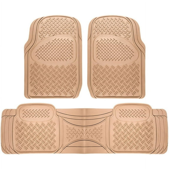 OxGord Diamond All-Weather Rubber Floor-Mats - Waterproof Protector for Spills, Dog, Pets, Car, SUV, Minivan, Truck - 3-Piece Set, Beige