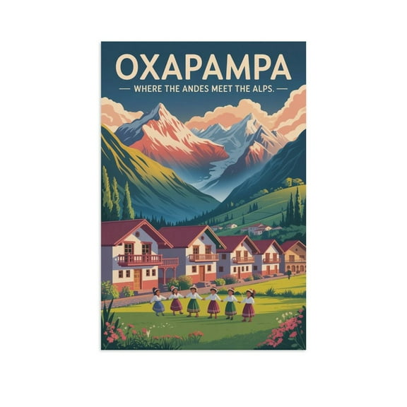 Oxapampa Peru Vintage Travel Poster with Green Fields And Heritage Celebration Print Poster