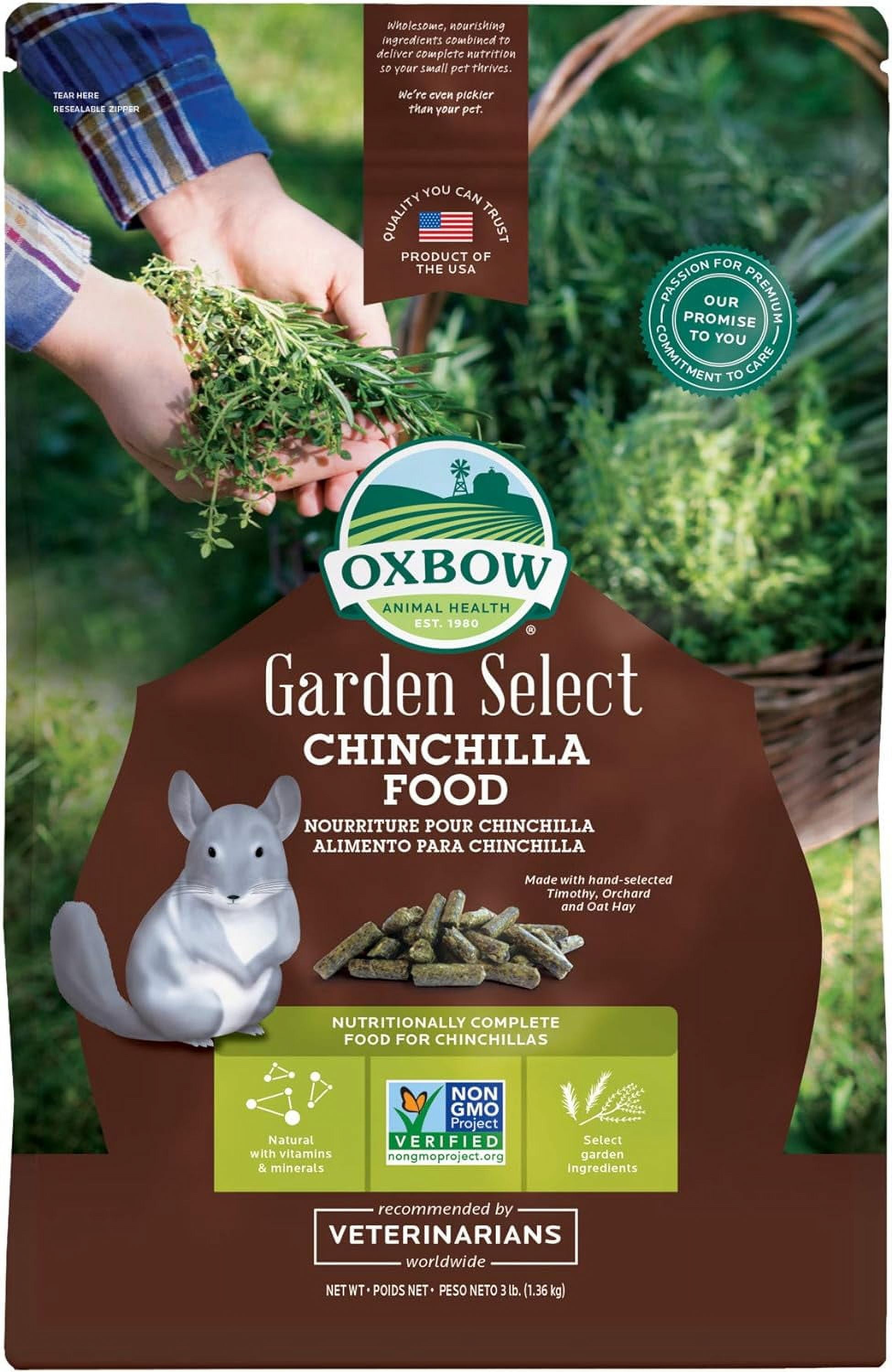 Oxbow Animal Health Garden Select Chinchilla Food, Garden-Inspired Recipe for Chinchillas of All Ages, No Soy or Wheat, Non-GMO, Made in The USA, 3 Pound Bag