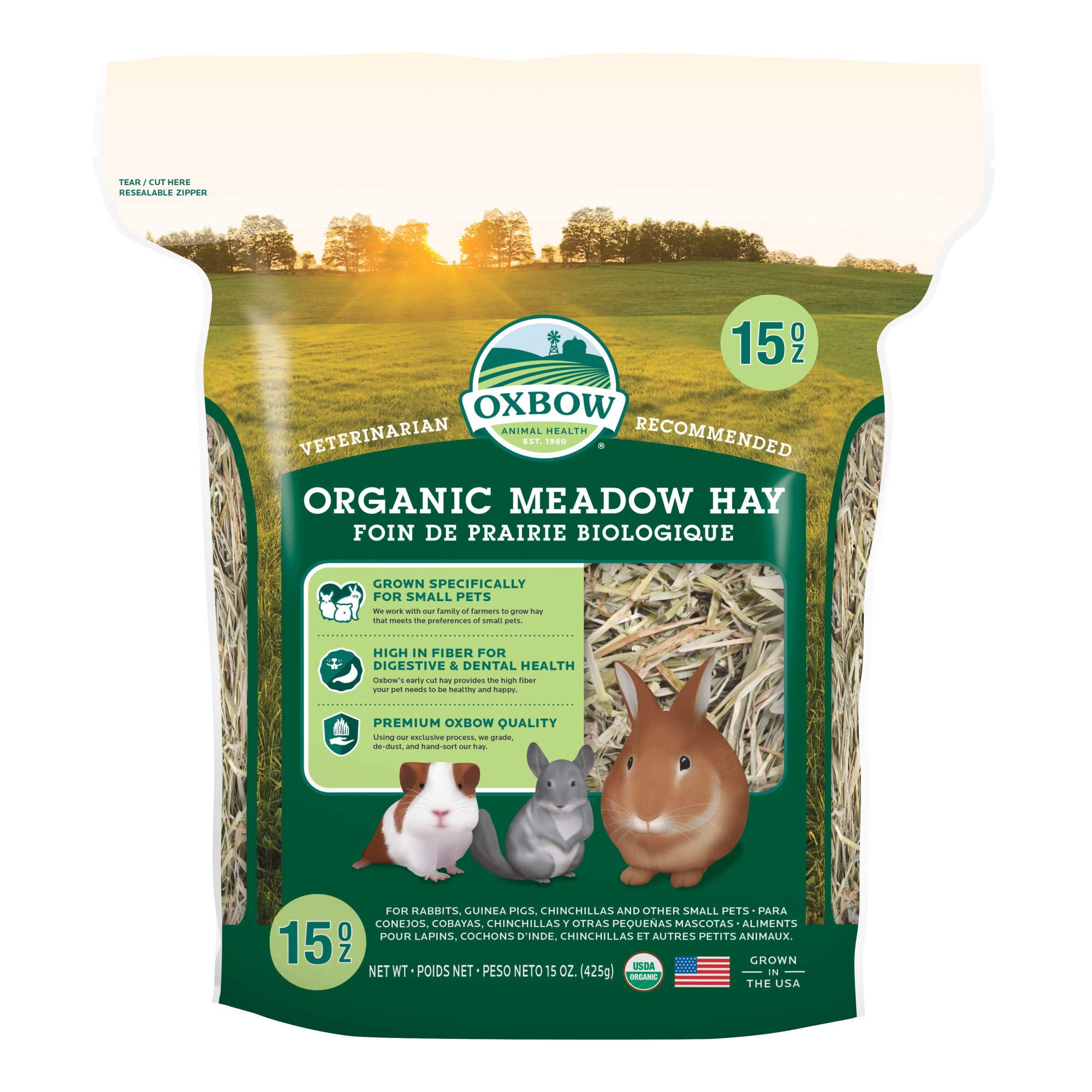 Oxbow Animal Health Organic OIF8Meadow Hay, For Rabbits, Guinea Pigs, And Small Pets, Grown In The USA, Farm Fresh, 15 Ounce