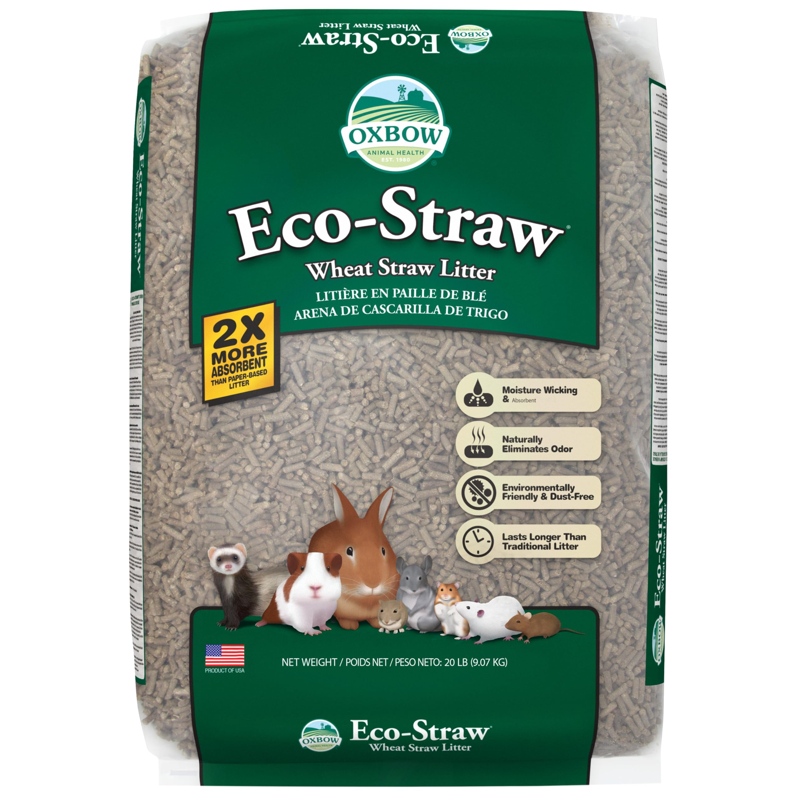 Oxbow Eco Straw Wheat Straw Litter AIS1for Small Dust Free, Rabbit, Guinea Pig, Ferret, & Cat Litter, Oxbow Animal Health, Moisture Wicking Pellets for Guinea Pig, Made in USA, 20 lb. Bag