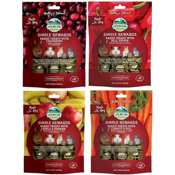 Oxbow Simple Rewards, All Natural Baked Treats Combo Variety Pack- 4 Flavors ( Cranberry, Apple & Banana, Bell Pepper, Carrot & Dill) 3 Ounce Resealable Pack