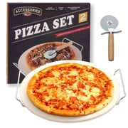 Oxdigi 13" Round Pizza Stone, Baking Stone Set with Stainless Steel Rack & Scraper Tool Rolling Pizza Cutter