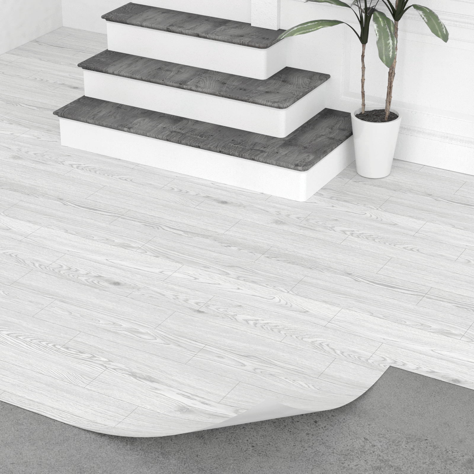Oxdigi, PVC Peel and Stick Vinyl Flooring Roll, White Gray Wood Plank, 393.00 x 24.00 x 0.01 In