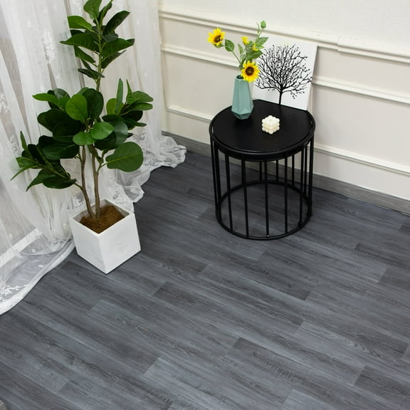 Oxdigi Vinyl Flooring Roll 39.3x118 inches, PVC Leather-Like Linoleum Floor Covering with Tape, Removable- No Adhesive Backing Gray Wood