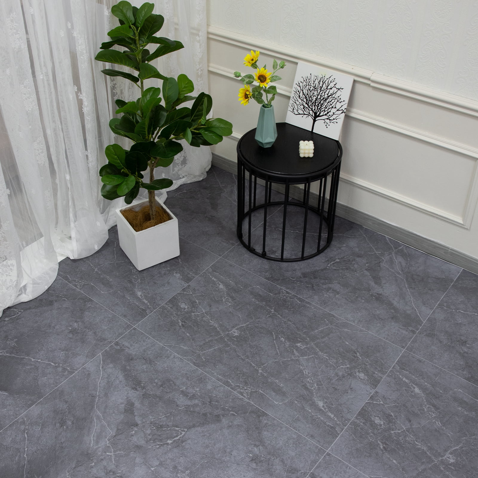 Oxdigi Vinyl Flooring Roll 39.3x393 inches, PVC Leather-Like Linoleum Floor Covering with Tape, Removable- No Adhesive Backing Gray Marble