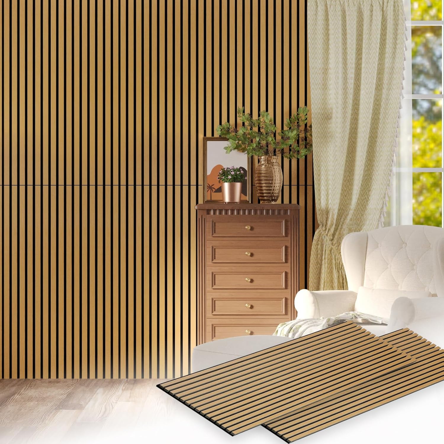 Oxdigi 3D Wood Slat Wall Panel, Sound Absorbing Panels for Interior Wall Décor 23.6" X 47.2" - 2 Pcs - Light Oak
