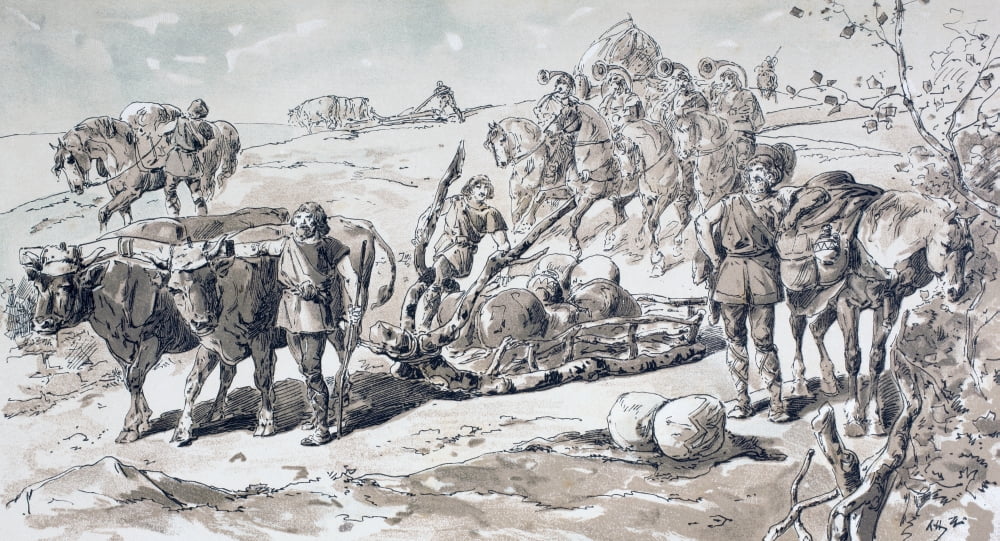 Oxen Drawing A Primitive Sled Laden With Rocks After A Watercolour By A Heins From Cortege Historique Des Moyens De Transport Published Brussels 1886 Canvas Art - Ken Welsh Design Pics (20 x 10)