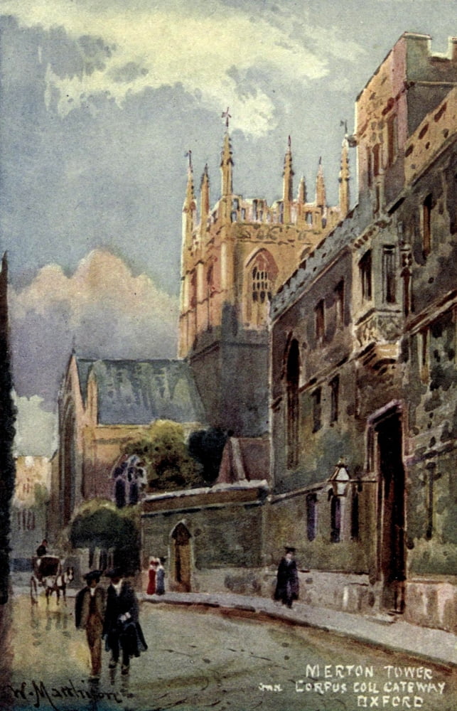 Oxford 1905 Merton Tower & Corpus Christi Gateway Canvas Art - William Matthison (18 x 24)
