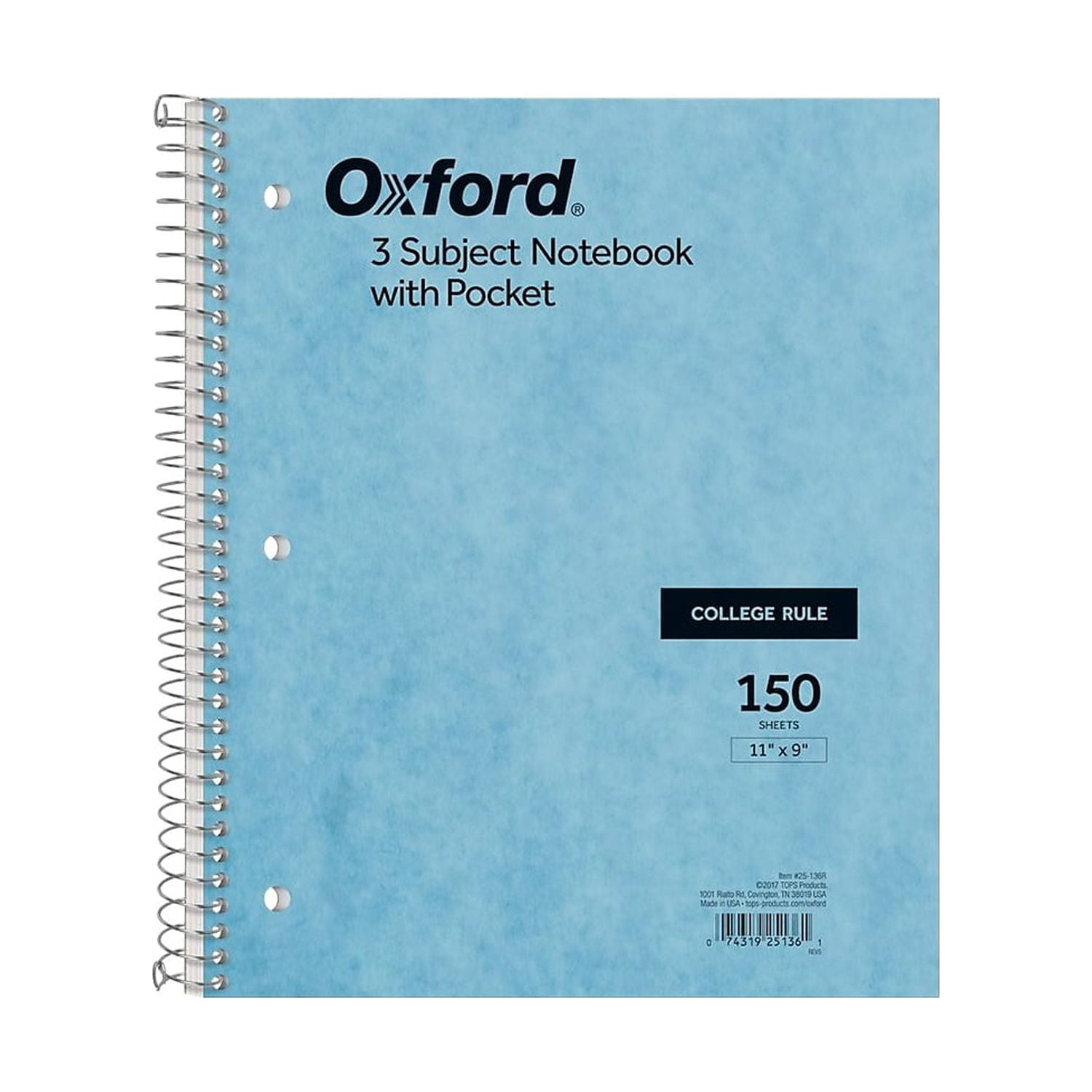 Oxford 3-Subject Notebook 9 x 11 College Ruled 150 Sheets 800870