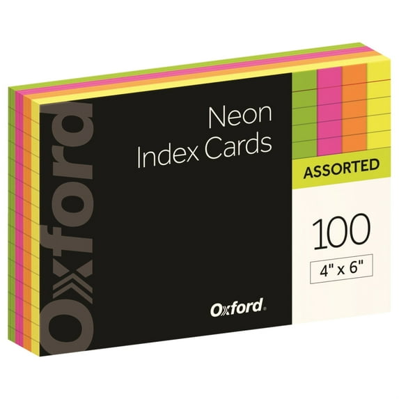 Oxford 4in x 6in Ruled Neon Index Cards, Assorted Colors, 100 Cards