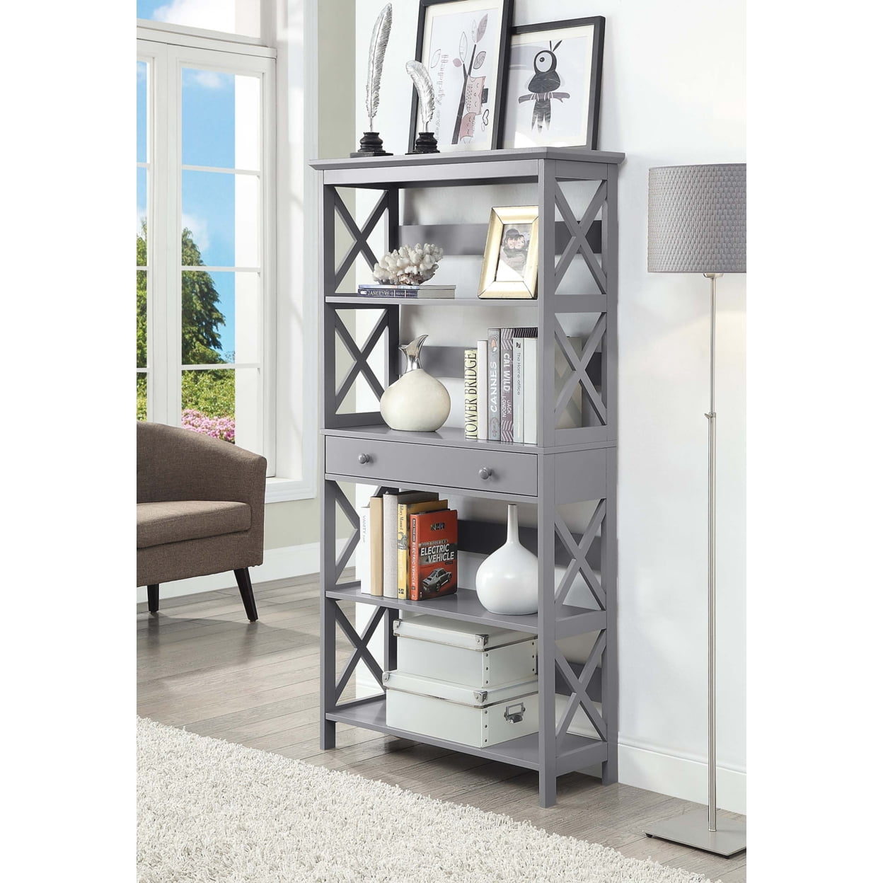 Oxford 5 Tier Bookcase with Drawer, Gray