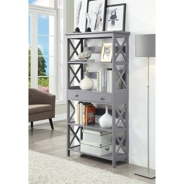 Oxford 5 Tier Bookcase with Drawer, Gray