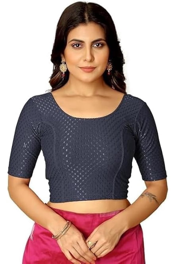 Oxford Blue Readymade Saree Blouse with Short Sleeves, Stretchable Ethnic Blouse for Daily and Festive Wear