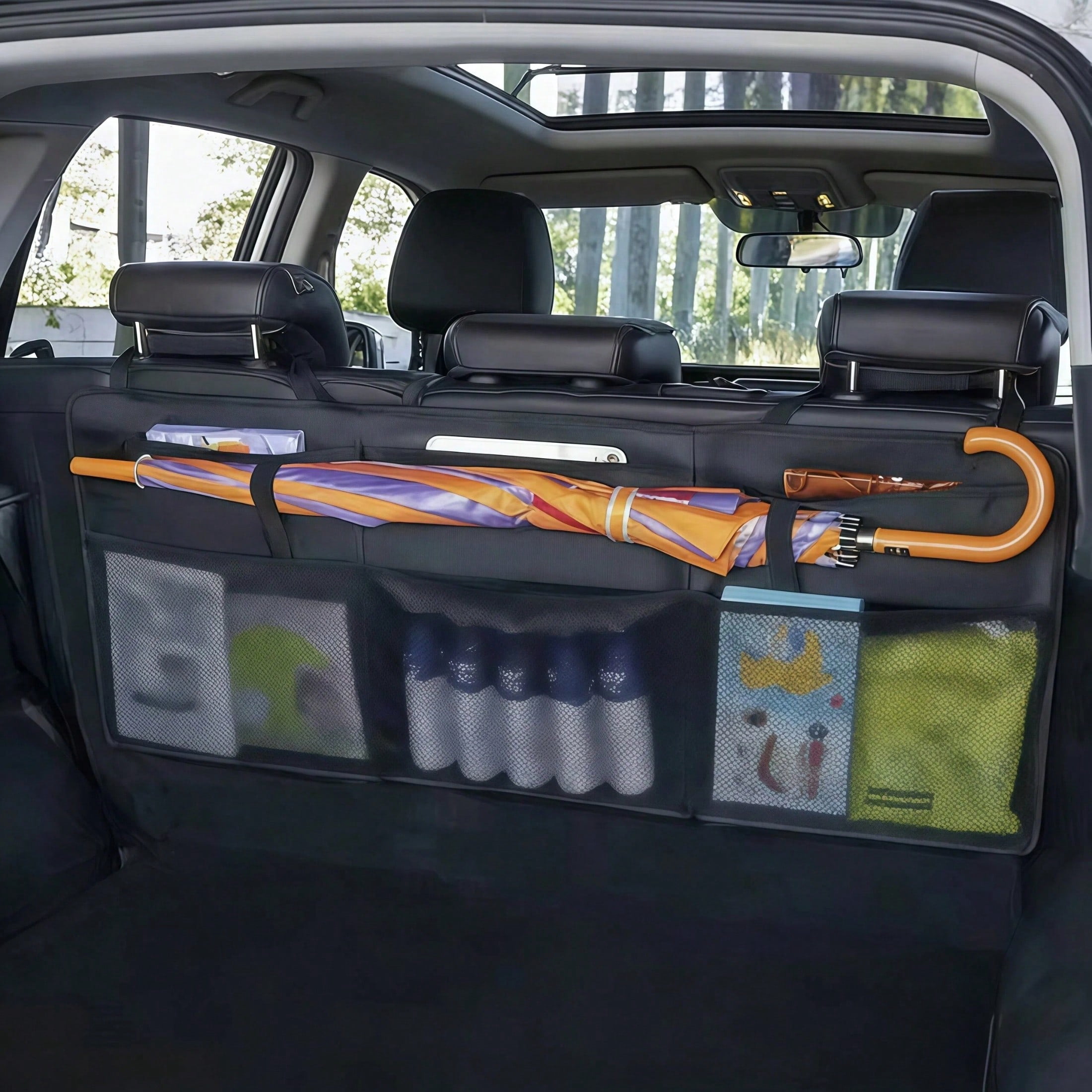 Oxford Cloth Car Trunk Storage Bag, Foldable Backseat Hanging Organizer Umbrella With Strap, Universal Rear Seat Back Storage Pouch
