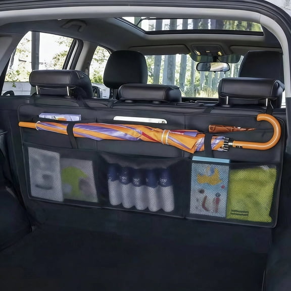 Oxford Cloth Car Trunk Storage Bag, Foldable Backseat Hanging Organizer Umbrella With Strap, Universal Rear Seat Back Storage Pouch