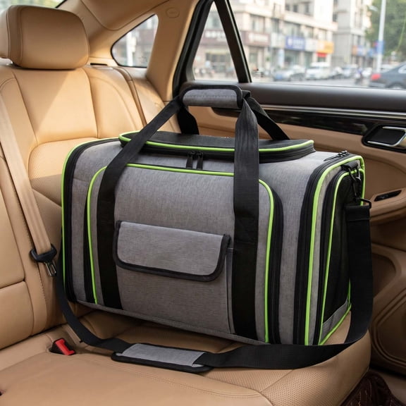 Oxford Cloth Pet Carrier Bag Expandable Foldable Breathable Mesh Travel Tote With Hand & Shoulder Strap For Small Dogs Cats 18.50X9.45X11.02In Green