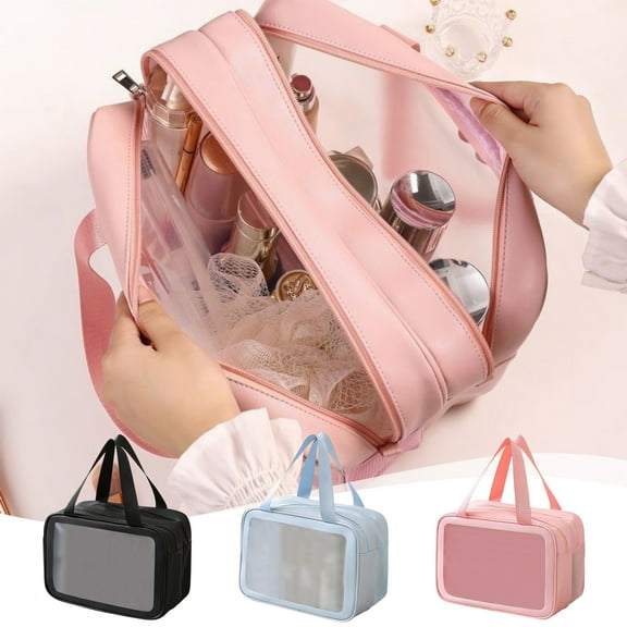Pu Double Layer Storage Bag,Large Capacity Transparent Makeup Organizer,Portable Travel Bag,Waterproof Plastic Storage for Bathroom Vanity,Cosmetics Holder,Clear View for Home/office,NCHKUN