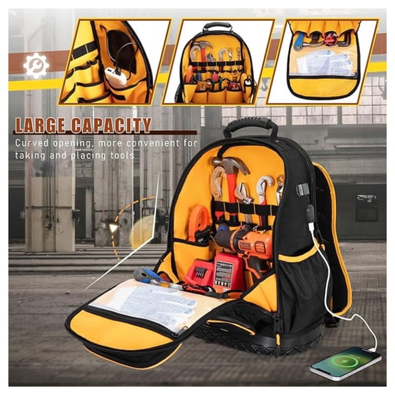 Oxford Cloth Tool Backpack Hard Bottom Tool Bag with Laptop Sleeve - Multi-Pocket Heavy Duty Tool Organizer for Work & Outdoor, Waterproof Wear-Resistant with Adjustable Shoulder Strap