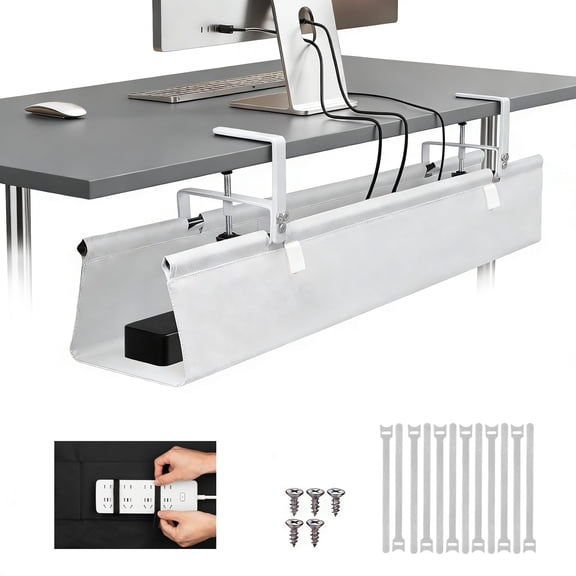 Oxford Cloth Under Desk Cable Management Tray No-drill 36" Organizer With Clip/screw Installation Fabric For Home Office & Gaming Computer(white)