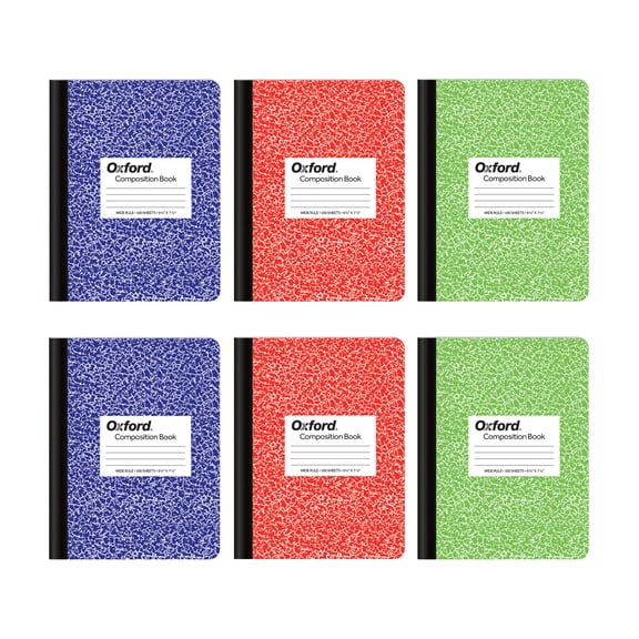 Oxford Composition Notebook 6 Pack, Wide Ruled Paper, 9-3/4 x 7-1/2 Inches, 100 Sheets, Assorted Marble Covers, 2 Each: Blue, Green, Red (63762)