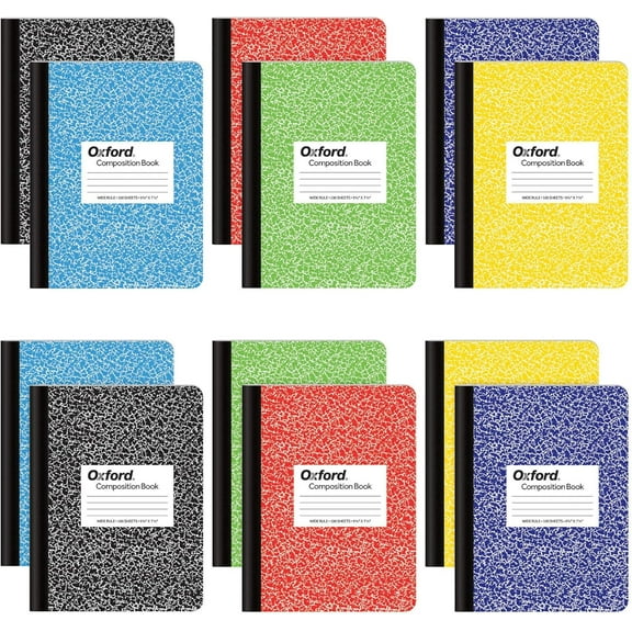 Oxford Composition Notebooks, Wide Ruled Paper, 9-3/4" x 7-1/2", Assorted Marble Covers, 100 Sheets, 12 per Pack, Colors May Vary (63794)
