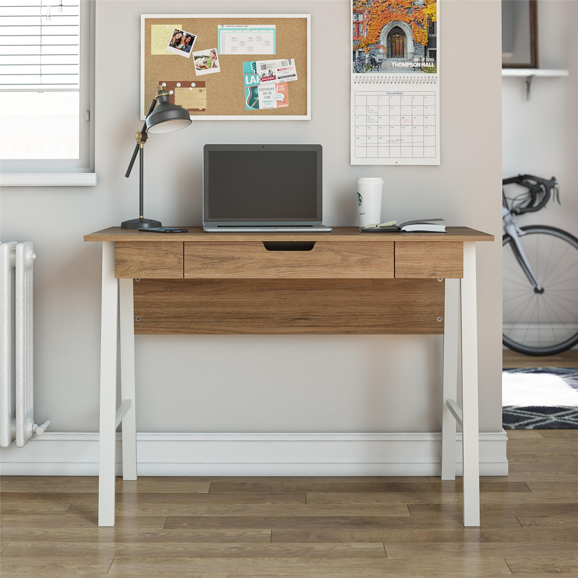 Walnut and White Wood Computer Desk with Drawer