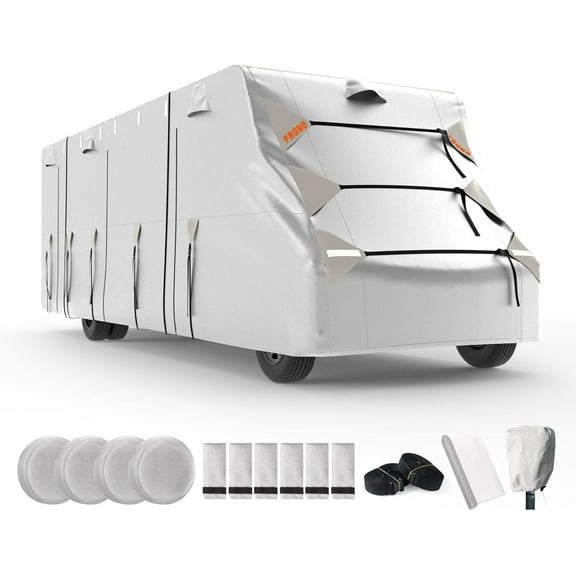 Oxford Fabric Class C RV Cover Fits 26'-29' Waterproof Rip-Resistant Anti-UV Motorhome Camper Cover for Winter Snow with Jack Cover 4 Tire Covers and Gutter Covers