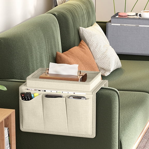 Oxford Fabric Couch Armrest Organizer With 5 Pockets - Gray Beige Sofa Caddy Storage For Remote Cellphone Tablet Book Bedside Arm Chair Hanging Pouch 12.2x7.48in