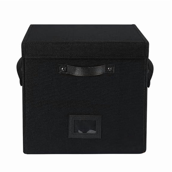 Oxford Fabric Vinyl Record Storage Box LP Album Organizer Case with Lid and Handles, Black