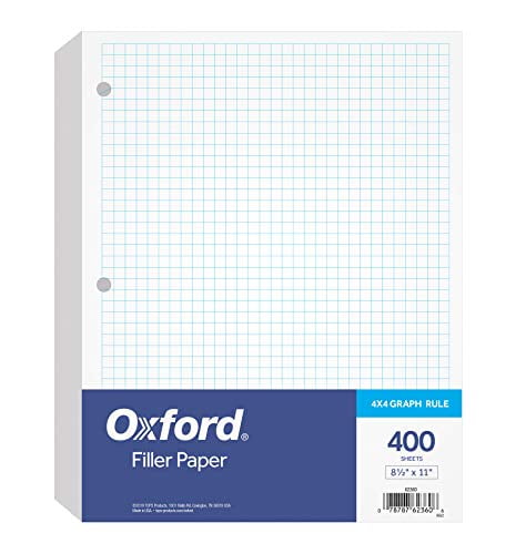 Oxford Filler Paper, 8-1/2" x 11", 4 x 4 Graph Rule, 3-Hole Punched, Loose-Leaf Paper for 3-Ring Binders, 400 Sheets Per Pack (62360),White