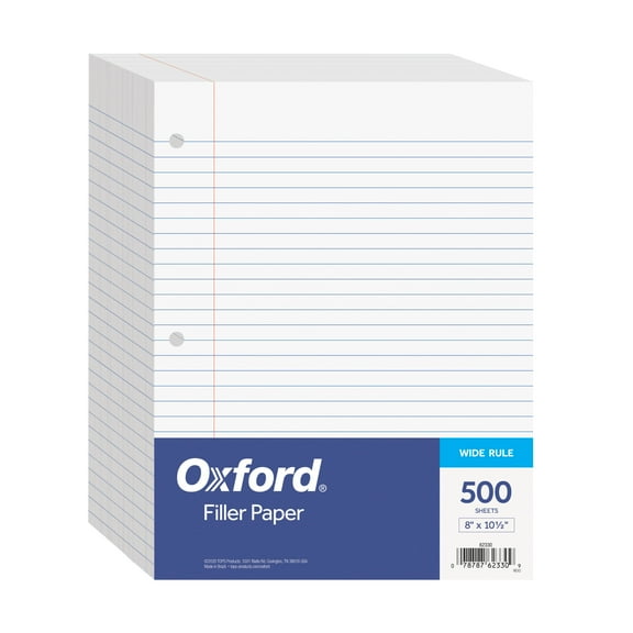 Oxford Filler Paper, 8 x 10-1/2 Inch Wide Ruled Paper, 3 Hole Punch, Loose Leaf Notebook Paper for 3 Ring Binders, 500 sheets (62330), white