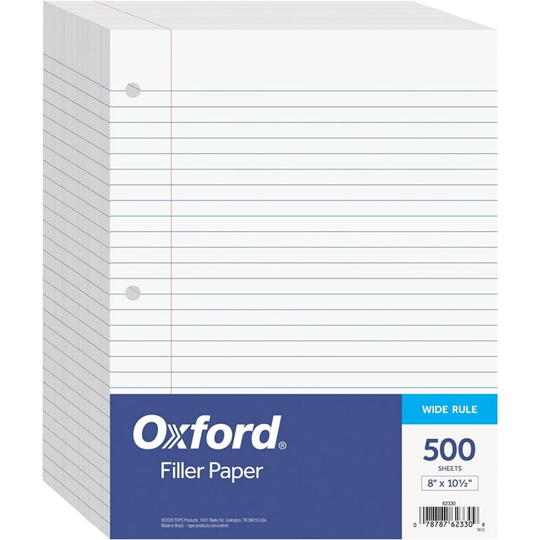 Oxford Filler Paper 85 x 11 inch Wide Ruled Paper 3 Hole Punch Loose Leaf Notebook Paper for 3 Ring Binders 500 Sheets (62330) White