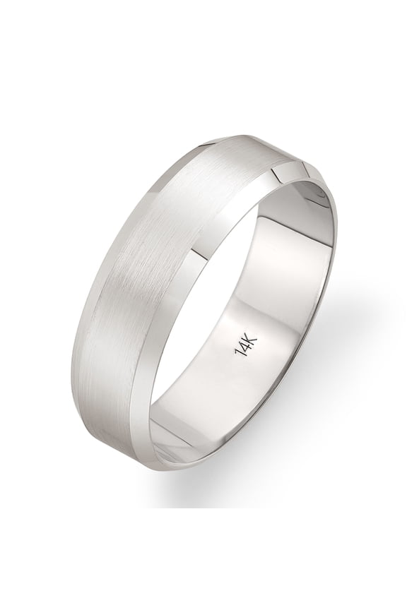 Men's 14K Solid Gold Wedding Band, 6mm, Beveled Edge, Satin Finish, Comfort Fit Ring, 14K White Gold (Stamped for Authenticity), Size 9