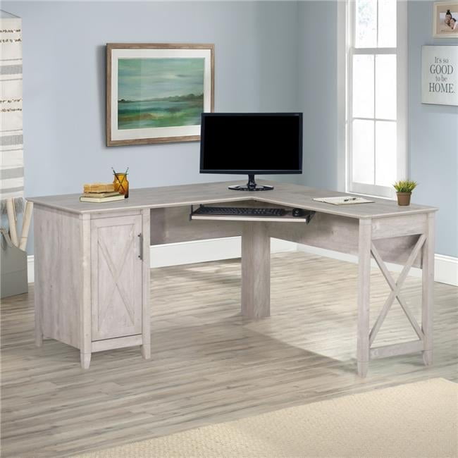 Washed Gray Wood Corner L-Desk with Keyboard Tray and Filing Cabinet