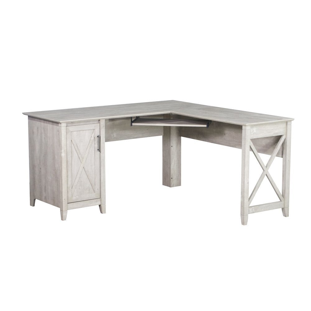 Washed Gray Wood Corner L-Desk with Keyboard Tray and Filing Cabinet