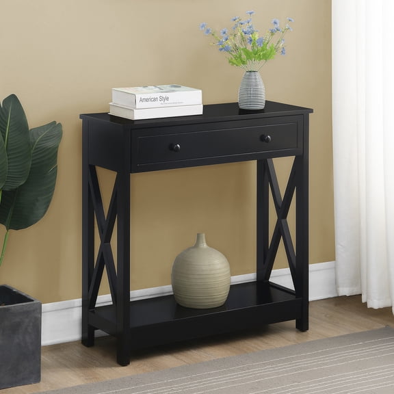 Oxford One-Drawer Entryway Hall Table with Shelf in Black Wood Finish