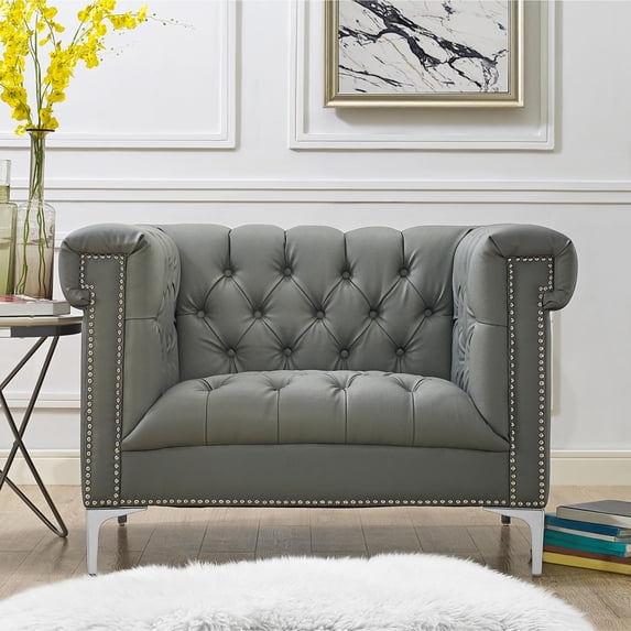 Oxford PU Leather Button Tufted with Silver Nailhead Trim Silver Metal Y-Leg Club Chair, Grey