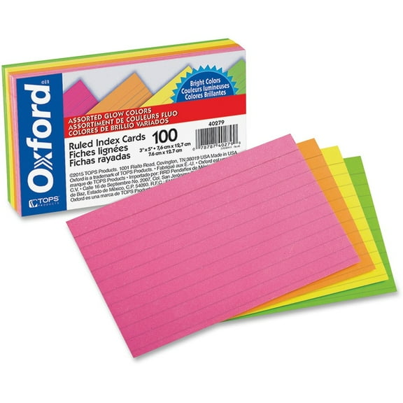 Oxford Printable Neon Index Cards, 3" x 5", Assorted, 100 per Pack