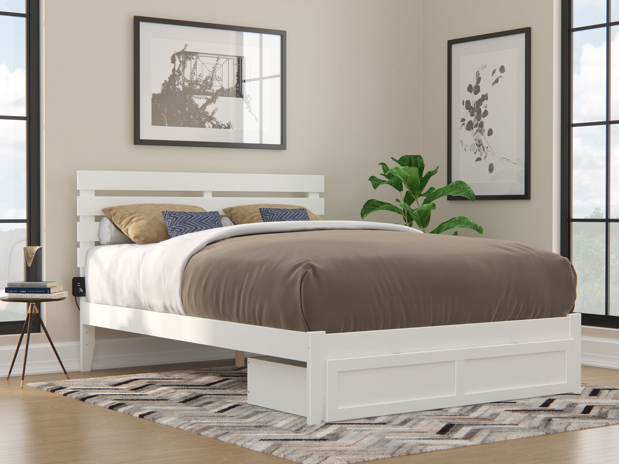 Oxford White Queen Upholstered Bed with Storage Drawer
