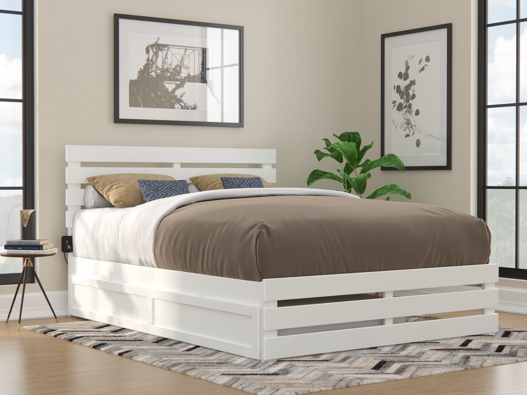 White Queen Wood Platform Bed with Headboard and USB Charger