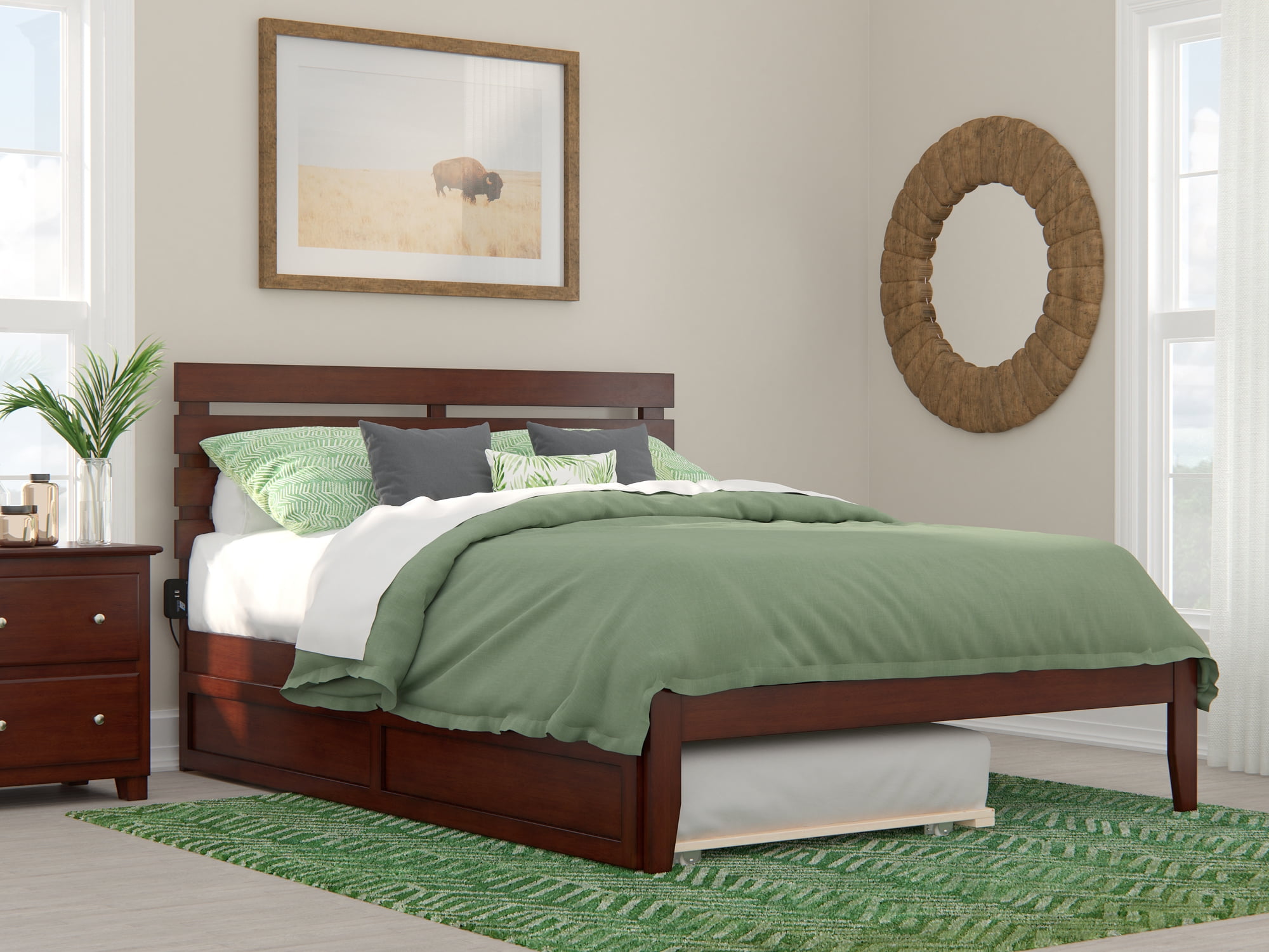 Walnut Queen Upholstered Platform Bed with Wood Headboard and Slats