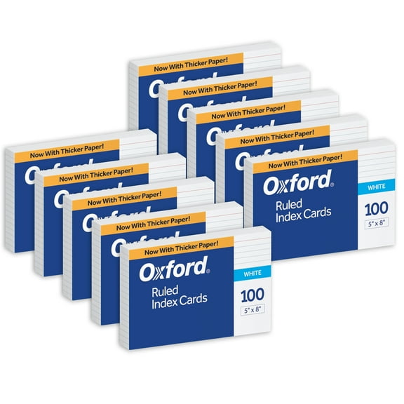 Oxford Ruled Index Cards, 5" x 8", White, 100 Per Pack, 10 Packs